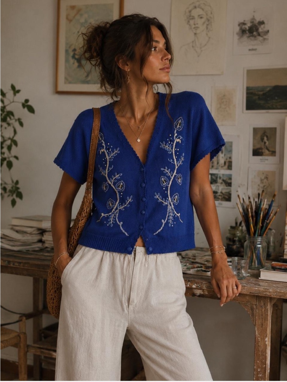 Vintage Embroidered Ramie Cotton Cardigan Blue Cottagecore Floral Sweater L